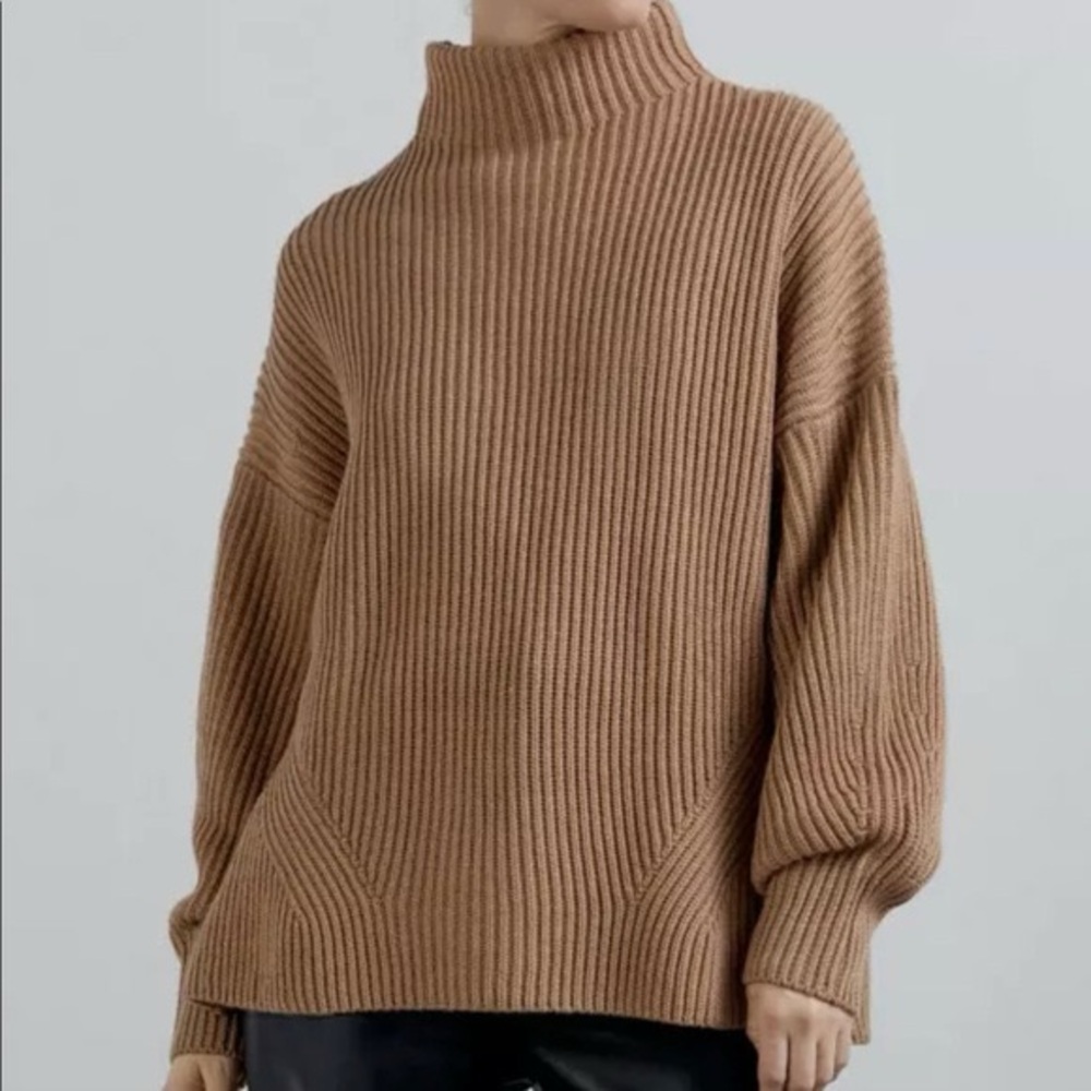 Zara Camel Wood Blend Knitted Sweater Turtleneck Size S